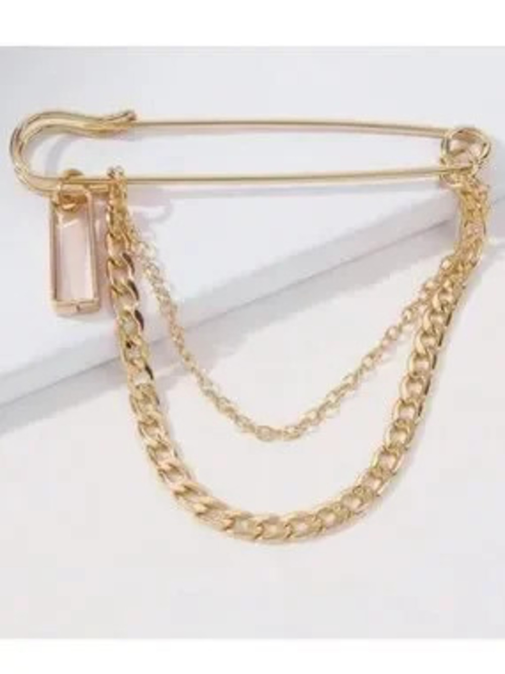 Anthropologie Gold Safety Pin Brooch with Chain and Pink Crystal